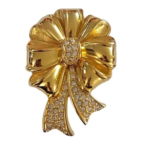 Swarovski Swan Signed Gold Tone Clear Crystal Ribbon Bow Brooch Pin K924 - Picture 7 of 7